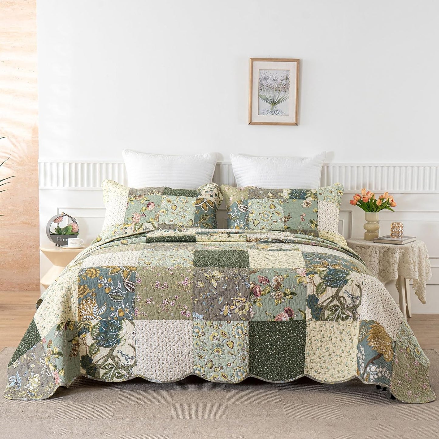 YAYIDAY Oversized King Bedspreads Patchwork Quilt Set (120x118 Inch) - 100% Cotton Reversible Breathable Floral Quilted Coverlet with Pillow Shams Fit All Season