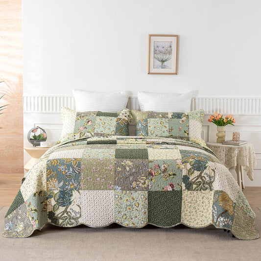 YAYIDAY Oversized Queen Quilt Set Patchwork Bedspread (110x118 Inch) - 100% Cotton Reversible Breathable Floral Quilted Coverlet with Pillow Shams Fit All Season