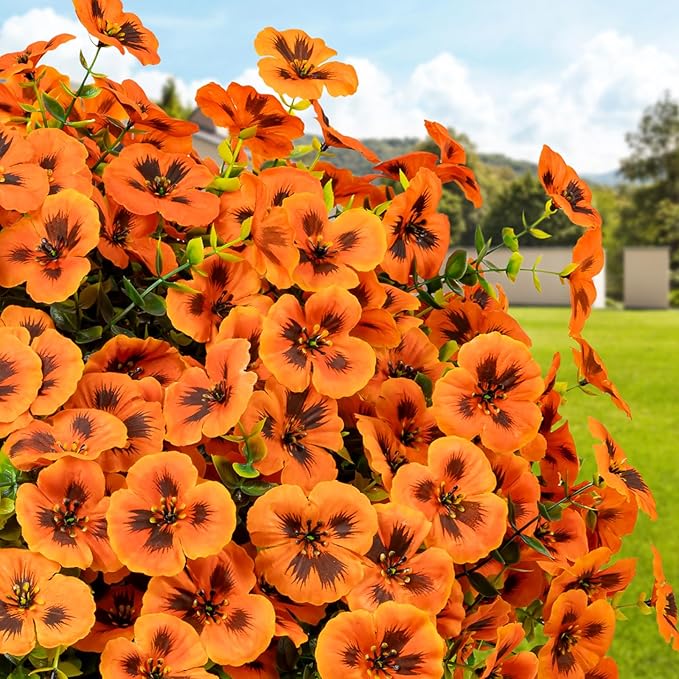 24 Pcs Artificial Fake Pansy Flowers for Outdoor,Faux Silk Plants Flowers UV Resistant Pansies Spring Flowers for Planter Front Door Porch Yard Patio Garden Window Box Home Decor(Orange)