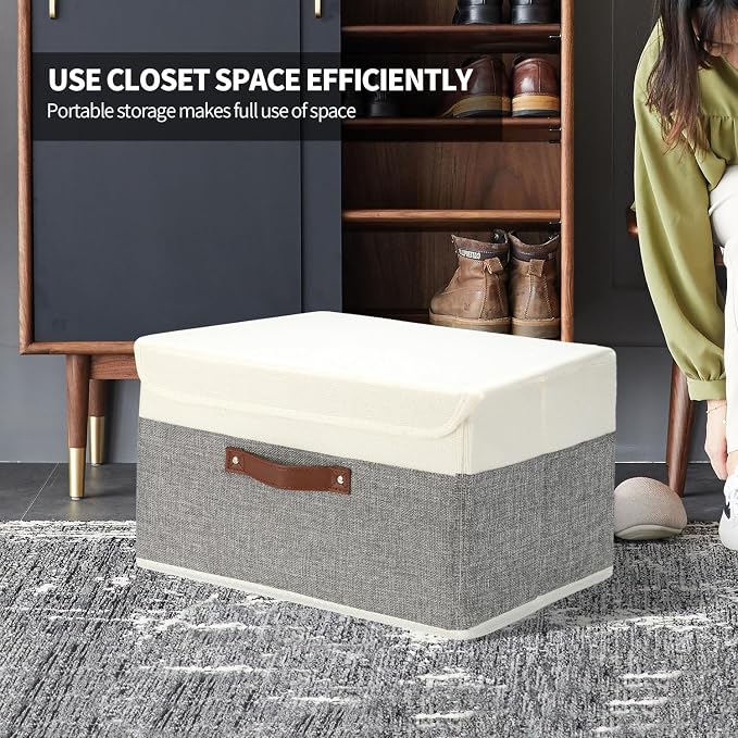 9 Pack Decorative Storage Bins Containers & Fabric Bins with Lids Storage Baskets for Shelves Drawers, Desktop, Closet, Playroom, Classroom, Office, Bedroom, Home, Garage (white/grey, 14.9X10X10)