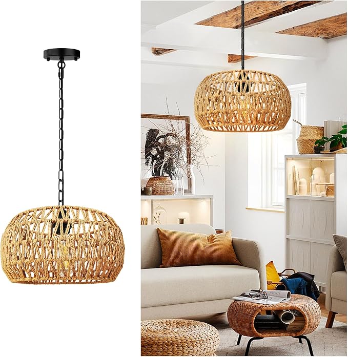 11.8" Rattan Pendant Light, 1-Light Boho Rattan Chandelier Light Fixture, Small Hand Woven Pendant Lighting for Kitchen Island, Living Room, Bedroom, Hallway, Foyer