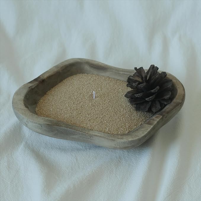GrusoSP Reusable Wooden Dough Bowl Candle with 18 Oz Pearled Candle Sand and 30 Wicks Unscented Palm Wax Refillable Powder Candles DIY Wax Making Kit (Sand)
