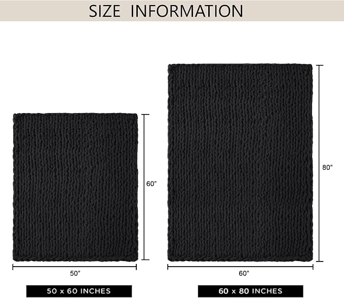 Chunky Knit Throw Blanket 50x60, 100% Handmade Chenille Yarn | 4.4lbs Soft Thick Cable Knitted Blankets, Large Rope Knot Crochet Throws for Couch Sofa Bed Machine Washable, Black