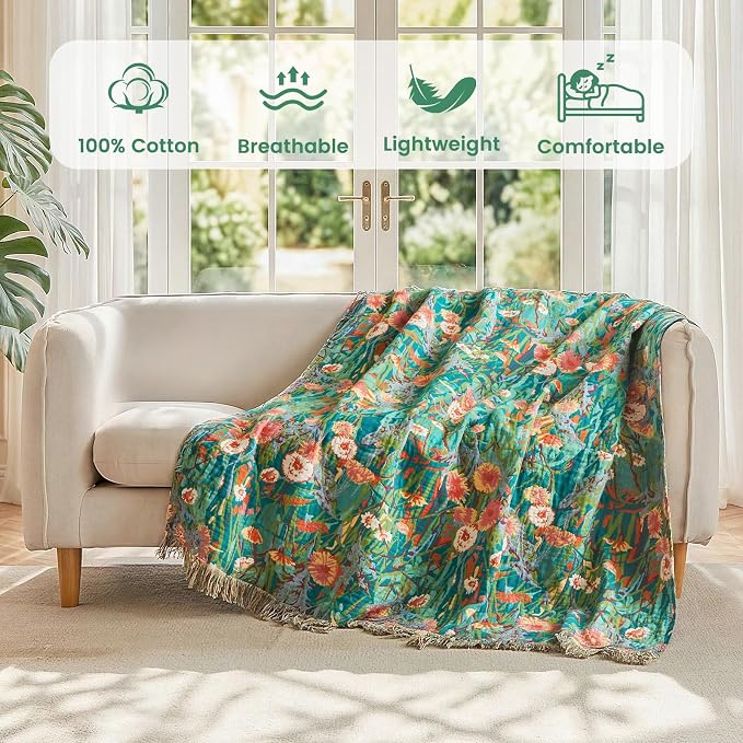 MSGKV Boho Throw Blanket 60"x80" Floral Blankets for Bed 100% Cotton Twin Size Couch Blanket Lightweight Farmhouse Muslin Summer Breathable Home Decor All Seasons