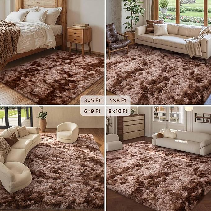 FinRèc Brown Rugs for Bedroom Living Room, 4x6 Feet Plush Fluffy Shag Area Rug, Non-Slip Fuzzy Furry Shaggy Rug for Kids Room Dorm Room Home Decor, High Pile Soft Floor Carpet