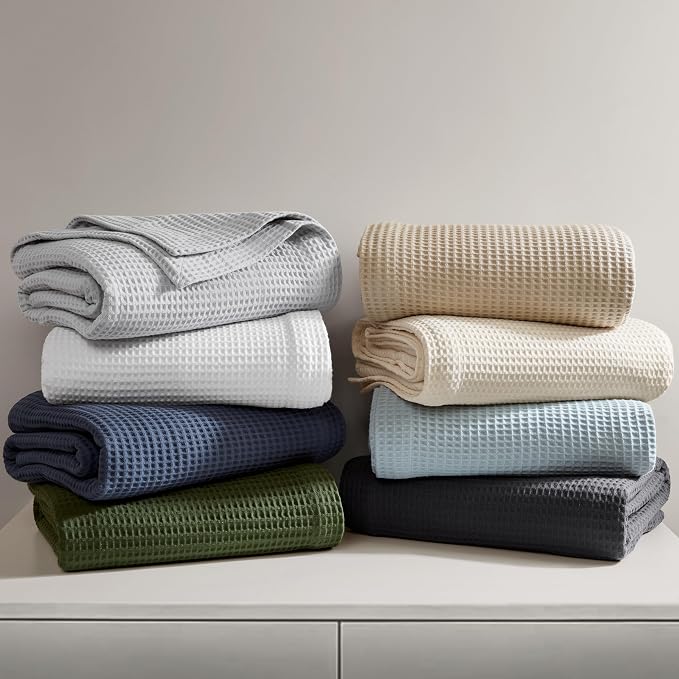 Madison Park 100% Cotton Blanket, Trendy Woven Waffle Weave Design, All Season, Lightweight, Breathable, Soft and Cozy Casual Summer Cover, for Bed, Couch and Sofa, King(108 in x 90 in), Indigo
