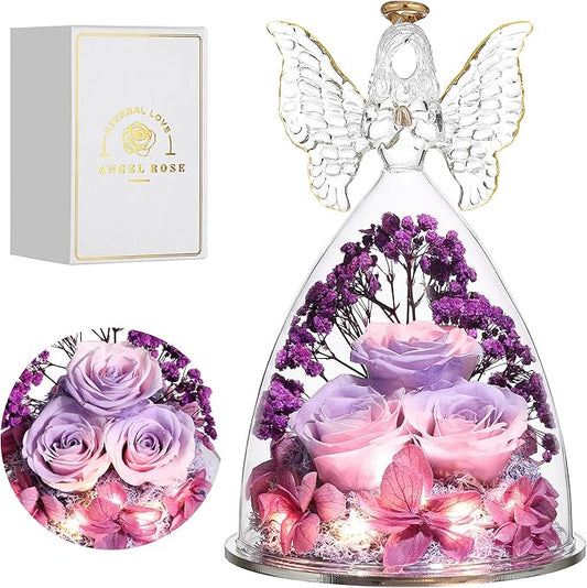 Mothers Day Rose Gifts for Women Preserved Real Flower in Glass Angel Figurines Roses for Delivery Prime Birthday Gifts for Mom Grandma Girlfriend Wife Her, Pinkpurpurple