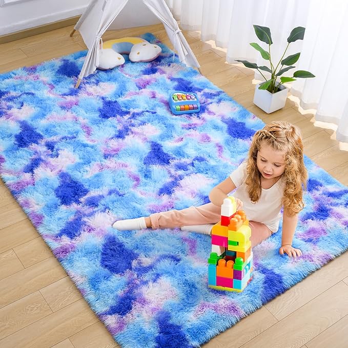 AROGAN Soft Rainbow Area Rugs for Girls Room 4x6 Feet, Fluffy Cute Colorful Princess Carpet for Kids Teens Nursery Toddler Dorm Bedroom Classroom, Blue and Purple