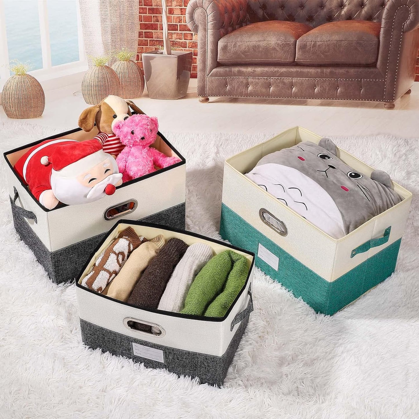 Large Linen Fabric Foldable Storage Bins with Removable Lid and Handles, Washable Storage Box Organizer Containers Baskets Cube with Cover for Bedroom,Office (Turquoise&Cream, Medium(2-Pack))