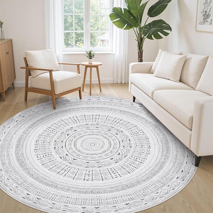 cotiled 6x6 Round Area Rug Living Room: Washable Boho Rugs with Non Slip Backing Large Soft Indoor Stain Resistant Carpet for Bedroom Farmhouse Dining Room Lightweight Home Decor Dark Grey