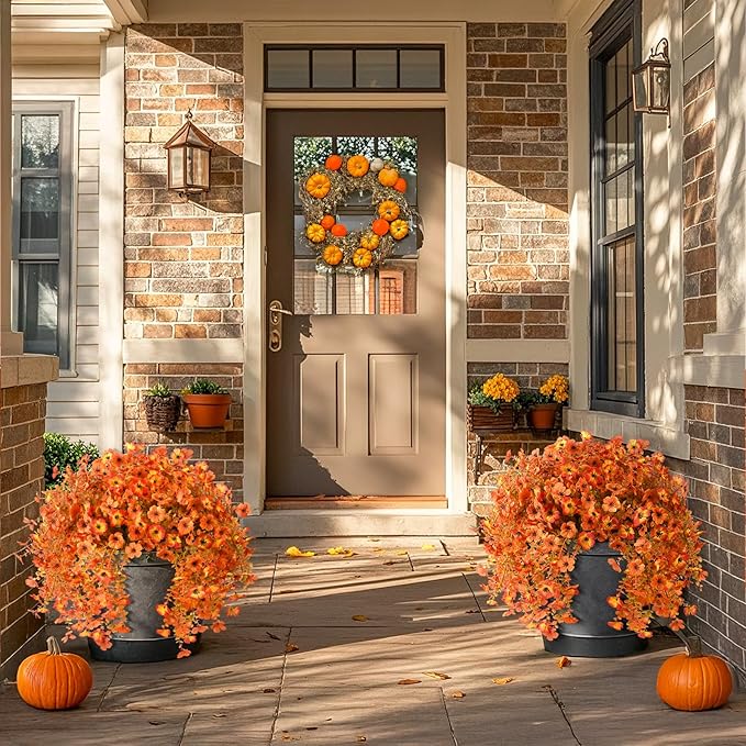 ZFProcess Artificial Fall Flowers for Outdoors, 2PCS Silk Fake Flowers Realistic Daisy Mums UV Resistant Porch Patio Window Yard Decor (Sunset Red)