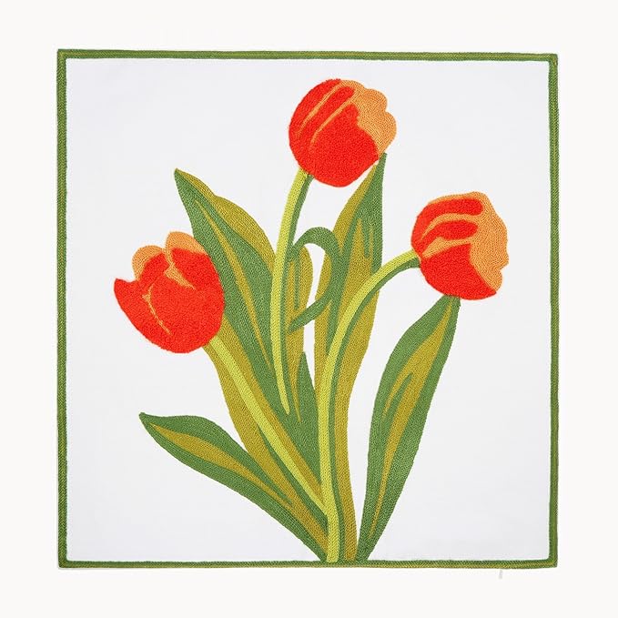 Embroidery Throw Pillow Cover 18x18 Home Decor Floor Pillow Cover for Couch Sofa Chair Best Gift 100% Cotton Floral Embroidered Cushion Cover Square Pillowcase 45x45cm Red Tulip, 1 Piece