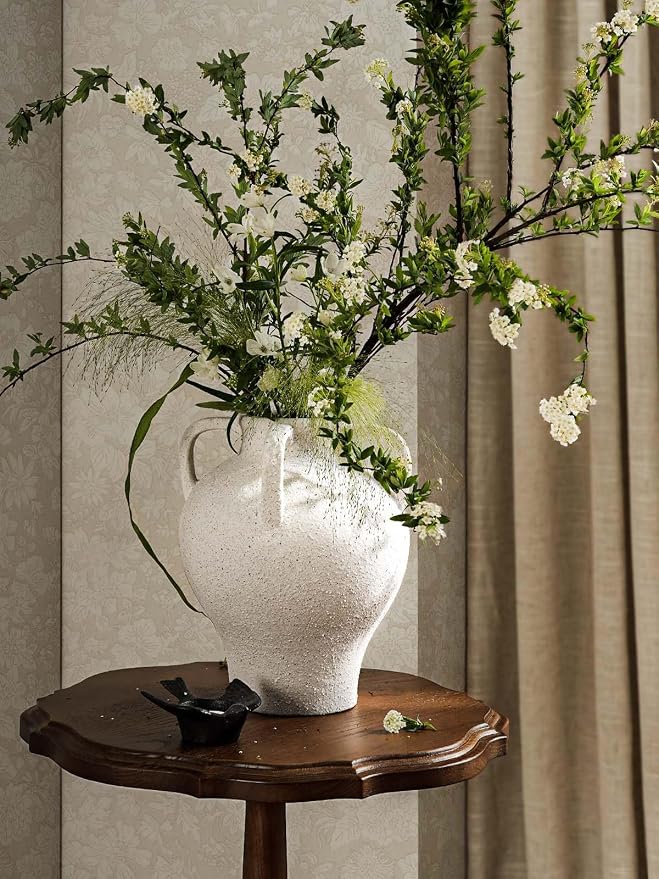 Large White Ceramic Vase - 10.8 Inch Rustic Farmhouse Vase with Handles for Home Decor, Vintage Tall Vases for Living Room, Table, Bathroom, Holiday & Weddings (Rock Sand White)