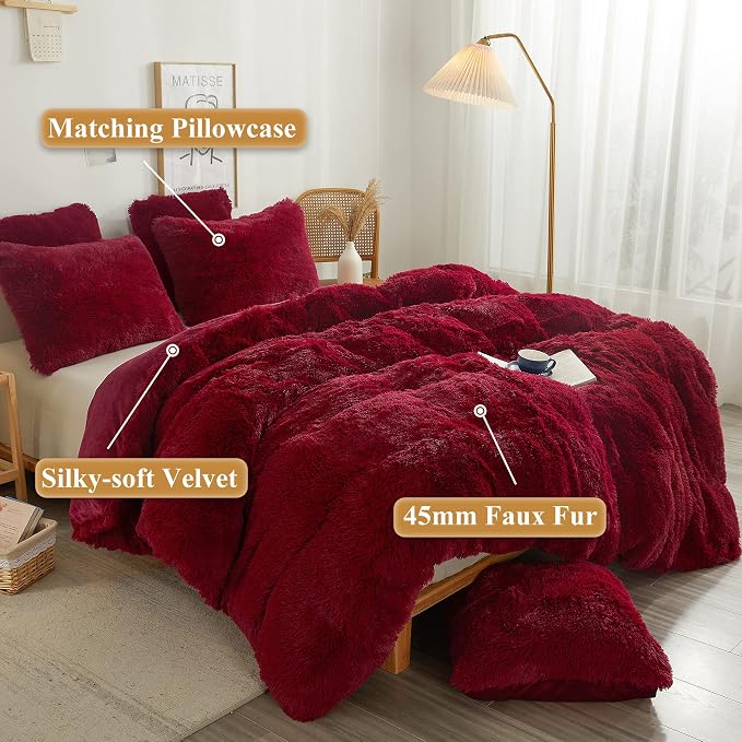 XeGe Plush Shaggy Duvet Cover Set, Luxury Soft Crystal Velvet Fluffy Furry Bedding Sets 2 Pieces(1 Faux Fur Fuzzy Comforter Cover + 1 Faux Fur Throw Pillow Sham), Zipper Closure (Twin, Red)