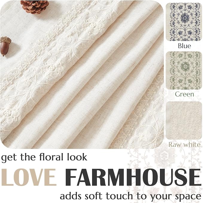 jinchan Ivory Floral Embroidered Linen Kitchen Curtains 54×45 Inch 2 Panels | Light filtering, back tab, rod pocket, cafe curtains for kitchen bedroom living room, cottage farmhouse, small window