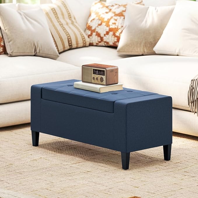 HOMCOM 36" Ottoman with Storage, Storage Ottoman Bench with Lift Top and Rubberwood Legs, Linen Upholstered Entryway Seat with for Living Room, Bedroom, Holds up to 330 lb, Dark Blue