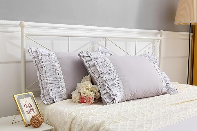 Gray Pillow Shams with Lace Ruffles Shabby Chic Cotton Queen Size Grey Pillowcases 20 x 30 2-Pack