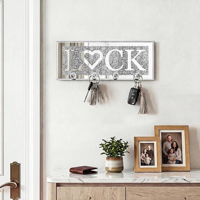 SHYFOY Crystal Clear Hooks Key Holder Key Hanger, Sparkly Mirrored Home Letters Plaque Sign for Decor, Silver Mirror Decoration Wall Art for Entryway Hallway Living Room, Lock Letter