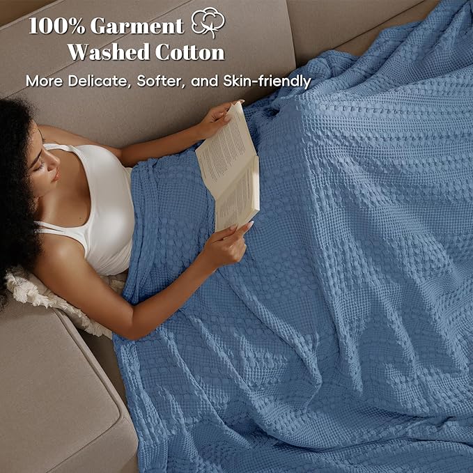 PHF 100% Cotton Waffle Blanket King Size for Bed, Lightweight Breathable and Soft for Summer, Luxury Aesthetic Waffle Weave Blanket for Home Decor & Gifts for Women, 108"x90", Denim Blue