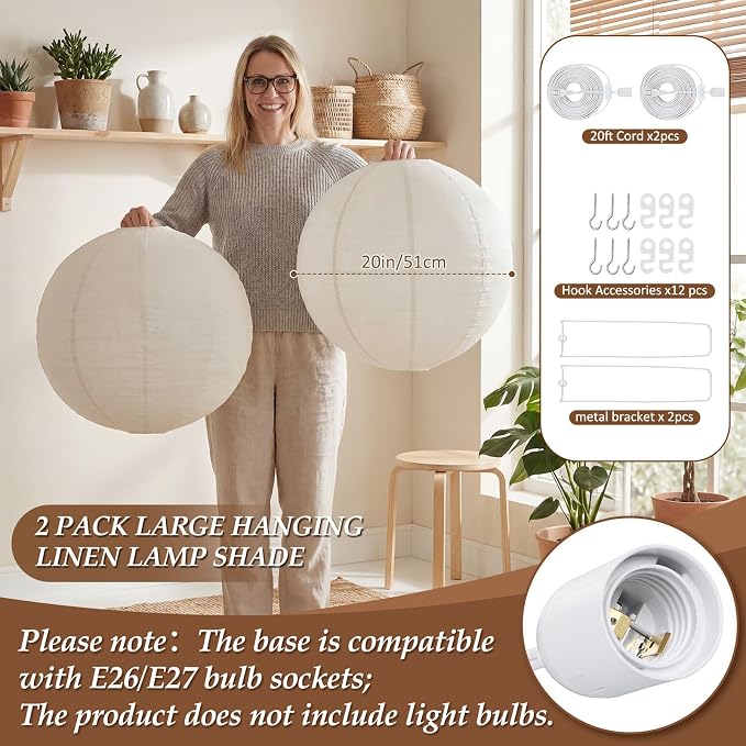 Nuanchu 2 Pack Linen Lantern Lamp Plug in Pendant Light 20 Inch Hanging Lamp Shade with 20 ft Cord Minimalist Light Covers Japanese Chandelier for Ceiling Dining Living Room Artistic Decor(Round)