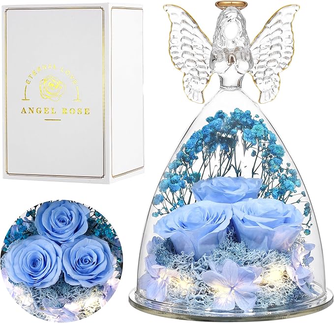 Mothers Day Rose Gifts for Women Preserved Real Flower in Glass Angel Figurines Roses for Delivery Prime Birthday Gifts for Mom Grandma Girlfriend Wife Her, Sky Blue