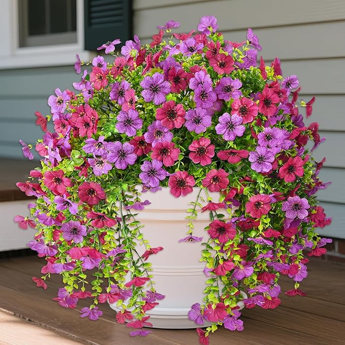 Artificial Fake Hanging Flowers Plants for Outdoor Spring Summer Decoration, 2PCS Faux Daisy Silk Plant Outside No Fade UV Resistant Realistic Home Decor for Porch Patio Window Box (Mix purple)