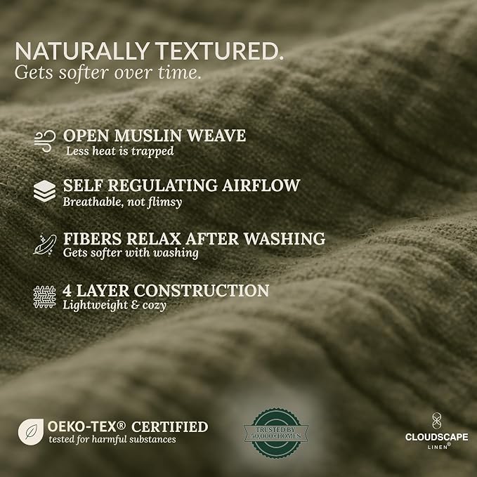 CLOUDSCAPE 4 Layer Muslin Blanket for Adults - 100% Cotton Throw Blanket - 50"x70" Oversized Gauze Throw for Sofa, Couch - Soft Lightweight Breathable Muslin Cotton Throws for Summer- Olive Green