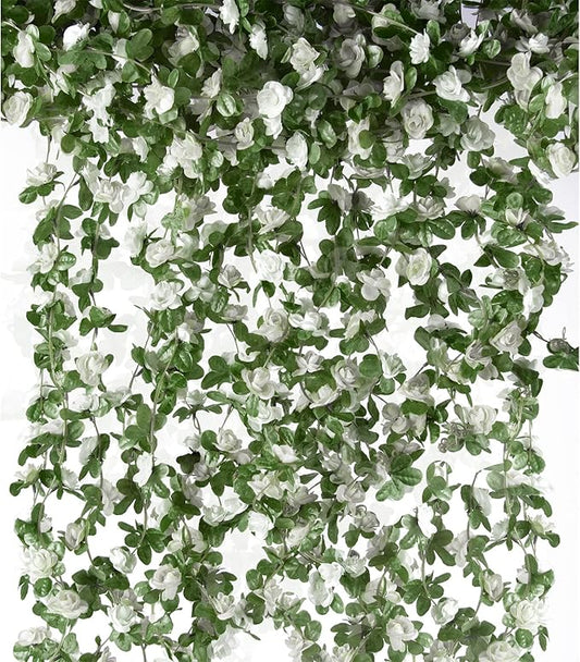 PONKING 6 Pcs x 8.2 ft Flower Garland Artificial Rose Vine Flowers with Green Leaves Hanging Fake Roses Vine for Room Party Home Wedding Birthday Christmas Wall Arch Decor, Spring White Flower