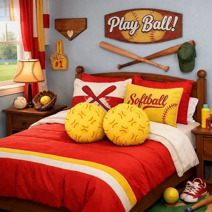 Gerrii 4 Pcs Sports Throw Pillows Basketball Softball Football Soccer Volleyball Tennis Pillow Fluffy Stuffed Plush Cushion Gift for Senior Night Home Bedroom Decor Birthday Present(Jacquard Softball)