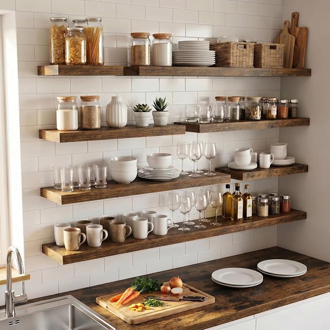 Venusmiles Floating Shelves for Wall, 55 Inch Floating Shelves Set of 1, 6.5" D Wooden Wall Mounted Display Shelves with Invisible Brackets for Living Room, Bedroom, Bathroom, Kitchen Decor, Brown