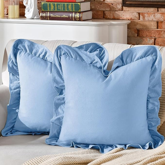 AmHoo Pack of 2 Throw Pillow Covers 100% Cotton Pre Washed Ruffle Decorative Pillowcase Cushion for Couch Sofa Bedroom 22 x 22-Inch Light Blue