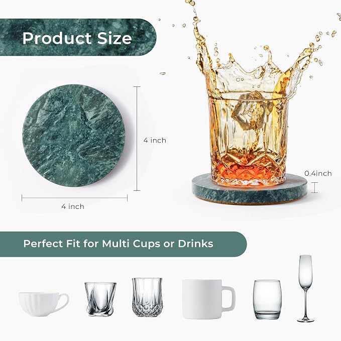 Natural Marble Coasters Set of 4-4" Round Stone Drink Coasters, Non-Slip Cork Backing, Housewarming Gift, Wedding, Protect Tables from Stains & Scratches Green (WH115)