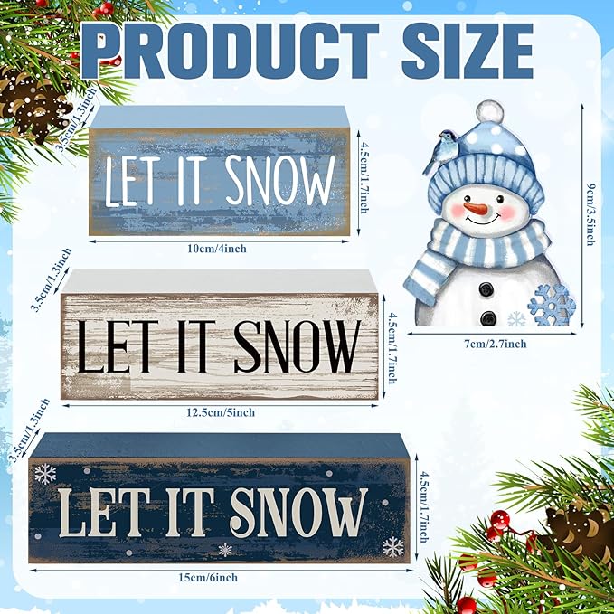 Lineshading 4 Pcs Winter Table Decoration Blue and White Snowman Decor Winter Tiered Tray Decor Christmas Centerpiece Decorative Wooden Snowman Block Sign Gift Christmas Decoration for Home Kitchen