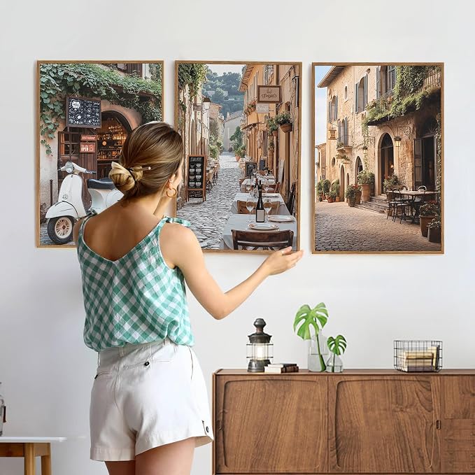 SIKERIC Vintage Italy City Landscape Wall Art Set of 3, Modern Minimalist Europe Street Framed Canvas Art Prints, Country Farmhouse Wall Decor for Living Room, Bedroom, Office - 16 x24inch