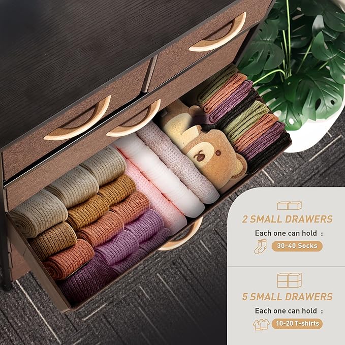Mifuro Tall Dresser for Bedroom, Vertical Storage Organizer Tower with 7 Drawers, Chest of Drawers with Fabric Bins, Steel Frame, Wood Top for Bedroom, Closet, Entryway- Brown