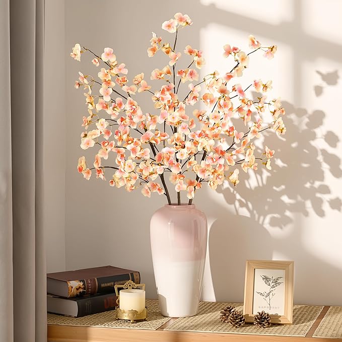 Uieke 3PCS Silk Cherry Blossom Branches, 40.5in Artificial Cherry Blossom Flowers Long Stems Fake Flowers Arrangements for Tall Vase Wedding Home Spring Japanese Decor, Yellow Pink