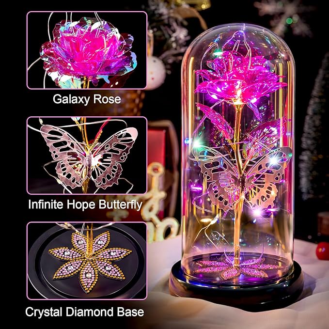 Mothers Day Flowers Gifts for Mom Women Birthday Gift, Galaxy Glass Rose Forever Eternal Crystal Flowers Rose in Glass Dome with Butterfly Mother's Day Roses Gifts for Mom Daughter Wife Grandma Pink