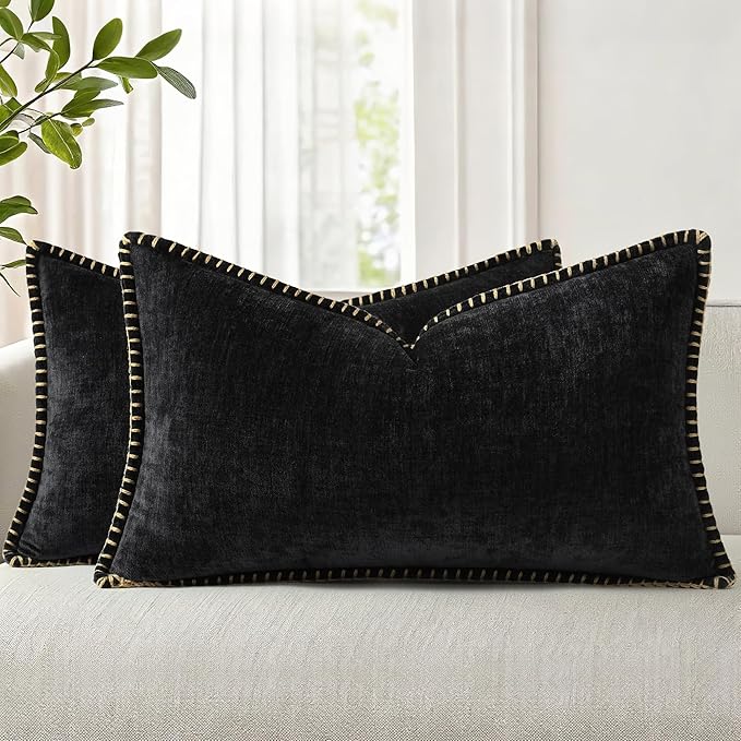 decorUhome Chenille Soft Cozy Throw Pillow Covers 12x20 Set of 2, Modern Farmhouse Boho Velvet Decorative Pillow Cases with Stitched Edge for Couch Sofa Bed Home Decor, Black