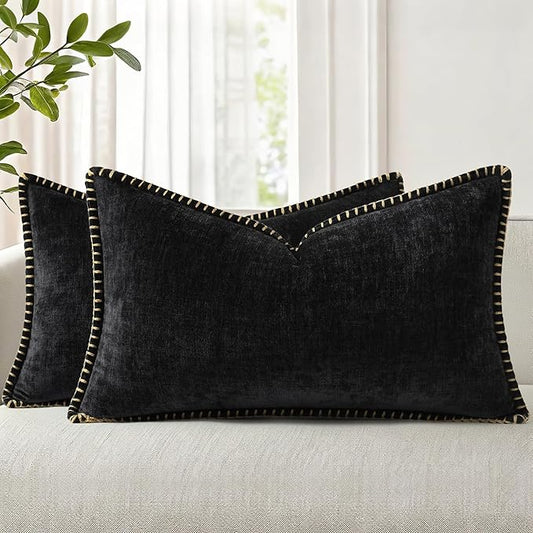 decorUhome Chenille Soft Cozy Throw Pillow Covers 12x20 Set of 2, Modern Farmhouse Boho Velvet Decorative Pillow Cases with Stitched Edge for Couch Sofa Bed Home Decor, Black