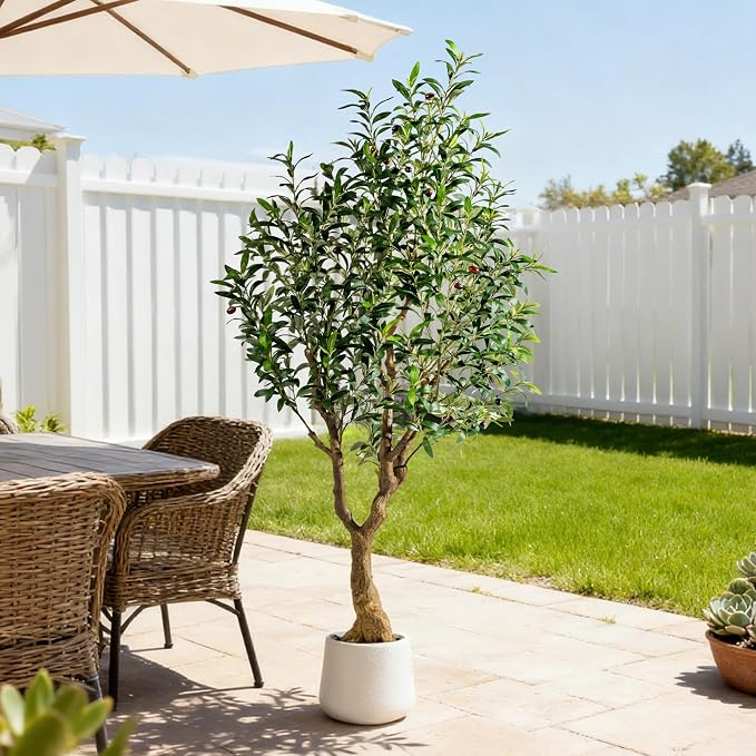 Erimda 6FT Faux Olive Tree with Tall Exquisite Planter Artificial Olive Tree Tall, Potted Fake Olive Plant with 1260 Real Touch Leaves, Indoor Outdoor Home Garden Office Decor