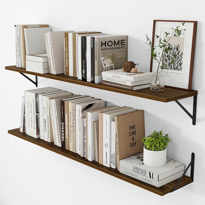 Vivelove 8 Inch Deep Floating Shelves for Wall, 48W x 8D Wood Wall Shelves Set of 2, Walnut Wide Floating Bookshelf for Living Room, Kitchen, Office, Bedroom, with Black Metal Bracke - Walnut