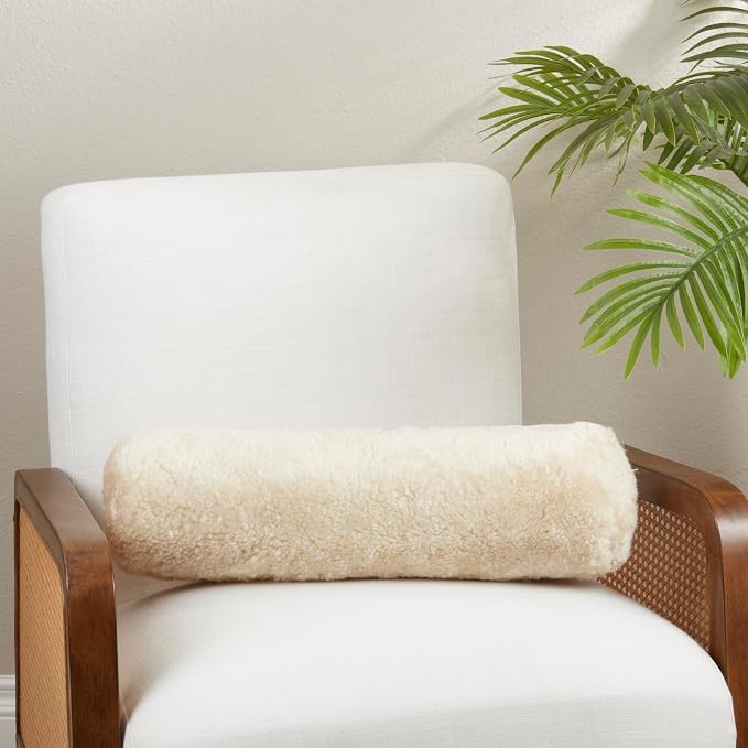 SARO LIFESTYLE Luxurious New Zealand Sheepskin Bolster Pillow with Soft Poly Fill, 6"x20", Ivory