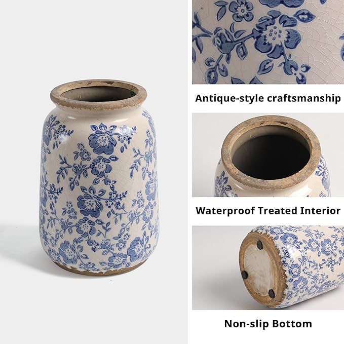Ronasip Vintage Blue and White Chinoiserie Ceramic Vase, 6.9” Hand-Painted Peony Floral Design, Antique Style Vases for Home Decor, Centerpieces, Living Room, Balcony (Blue and White)