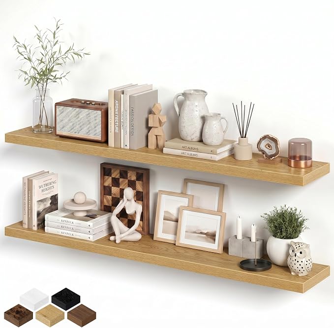 Floating Shelves for Wall, 66 Inch Floating Shelves Set of 2, Wall Mounted Rustic Wood Shelf for Bathroom, Living Room, Bedroom and Kitchen, Hanging Shelf for Storage, Books, Home Decor, Oak