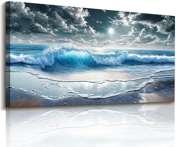 imjiayu Large Ocean Canvas Wall Art, Realistic Wave Seascape Painting, Coastal Beach Sunburst Wall Decor for Living Room Bedroom Office Home Decor, 24" x 48"