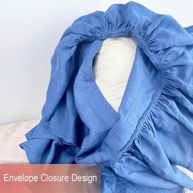Navy Blue Ruffles Linen Pillowcase, 100% French Linen Pillow Cover, Queen Size 1 Piece Farmhouse Shabby Chic Pillow Case, 20''x30'' Pillowcase with Decorative Ruffle Envelope Closure