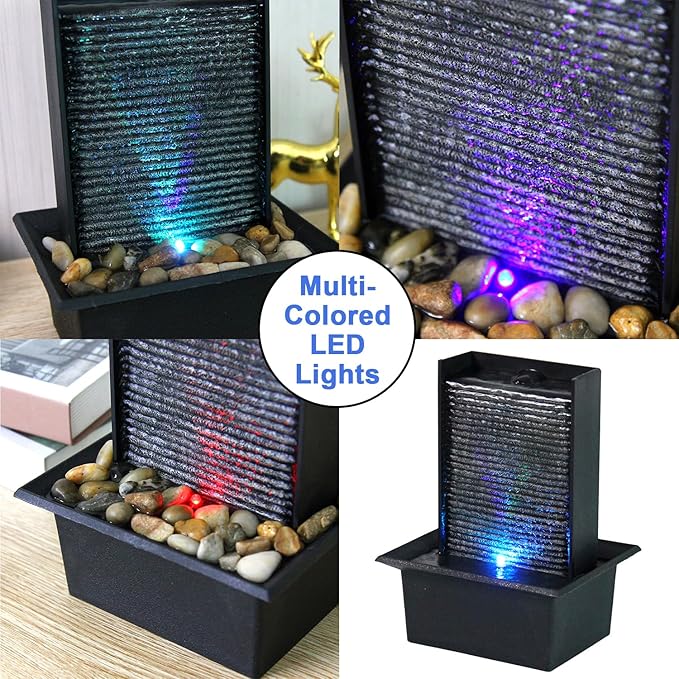 Small Indoor Relaxation Tabletop Fountain, Zen Meditation Waterfall Feature with Color LED Light & Natural Rocks, 4 Level Desk Waterfall for Home Office Bedroom Living Room Decoration (Style 2)