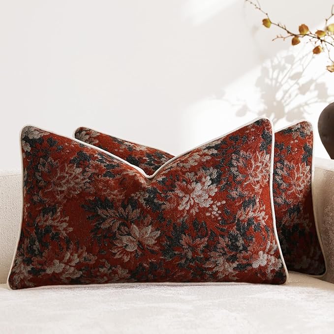 DEZENE Pack of 2 Vintage Floral Pillow Covers 12x20 Boho Farmhouse Accents Chenille Rectangular Lumbar Decorative Throw Pillow Cases for Living Room Couch Bed Home Decor, Rust
