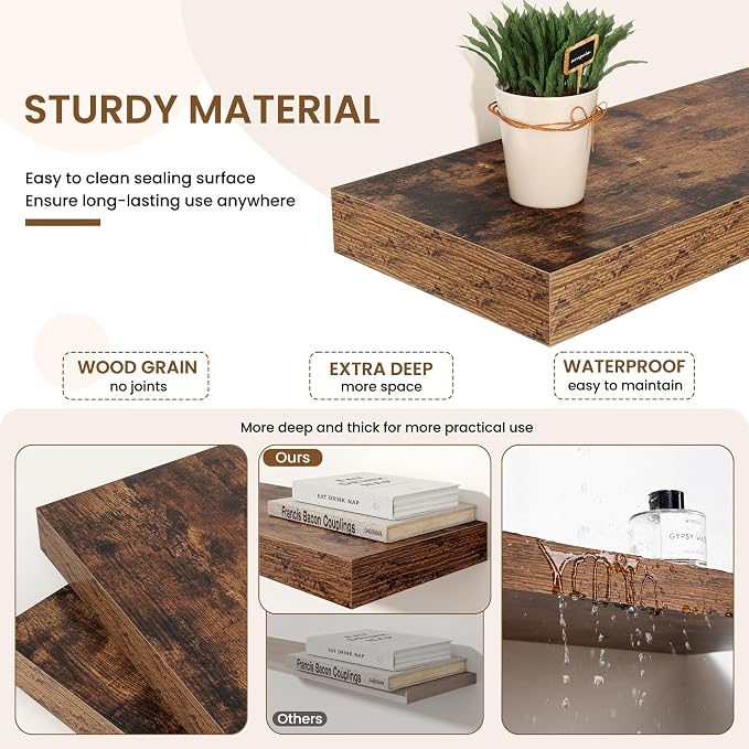 Axeman 48Inch Floating Shelves for Wall, Rustic Wood Shelves for Bedroom, Bathroom, Kitchen, Hanging Wall Mounted Shelf with Invisible Brackets for Books Decor, Set of 1, Rustic Brown