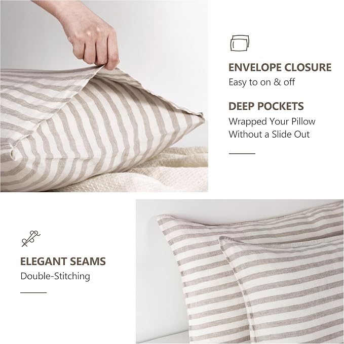 Linen World Striped Linen Pillow Cases Set of 2,20"x40" King Size,100% French Natural Flax Soft Pillowcases,Natural Stripe